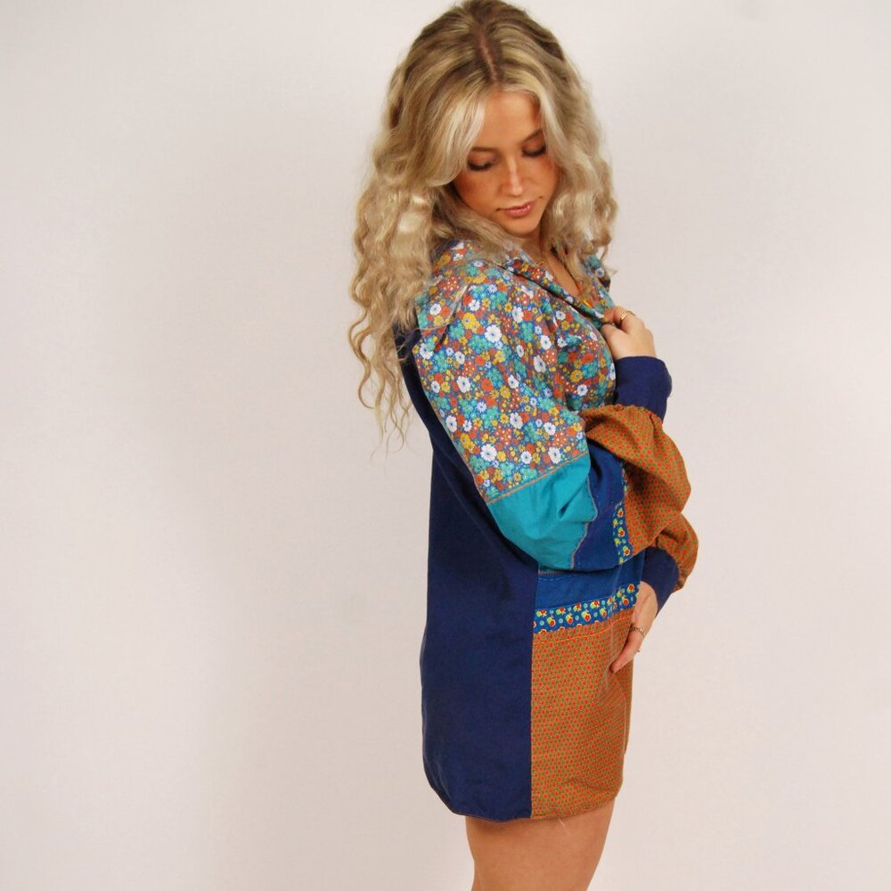 70s Patchwork Button Up (M) Medium Blue Orange Vi… - image 2